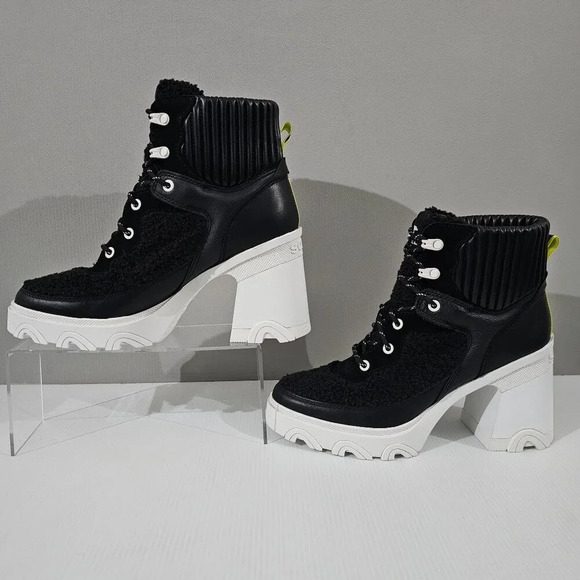 Sorel Brex Cozy Heel Boot Womens 10 Black Sea Salt White Lace Up Waterproof - Picture 2 of 15